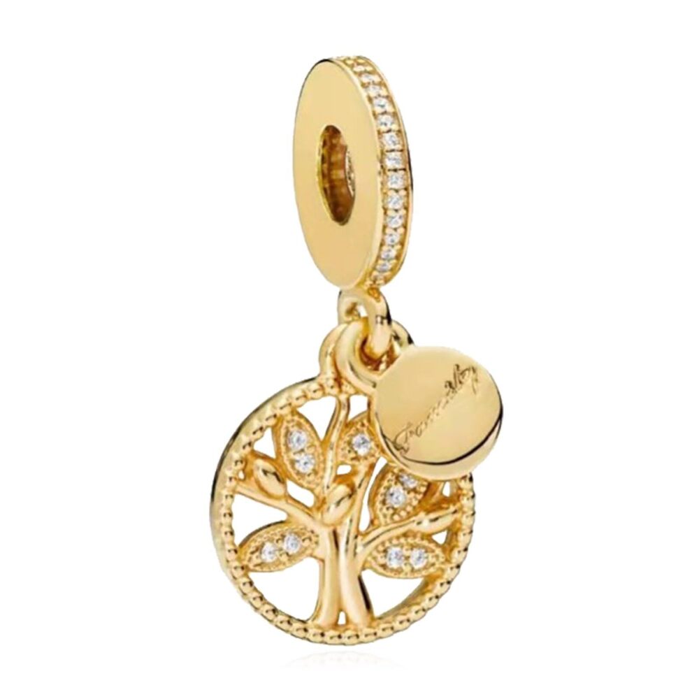 7329 Gold Sparkling Family Tree Dangle Charm for 925 Sterling Silver Charm